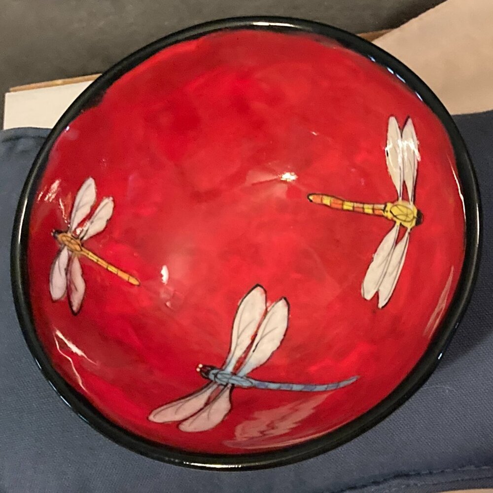 VTG Hand painted Red Lacquered Bowl w/Dragonfly Design-6.25" Dia. x 3" Deep-EUC